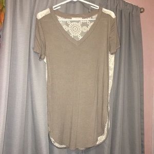 Army green short sleeve tank with ivory lace back